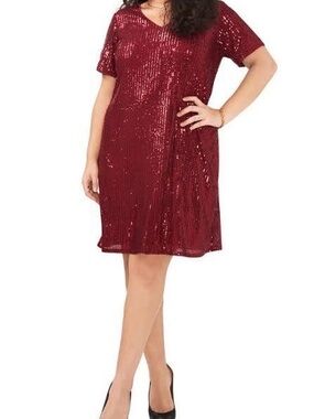 Vince Camuto Burgundy Sequin V-Neck Midi Shift Dress
